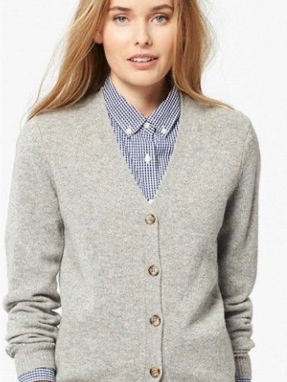 Uniqlo Light Gray V-Neck Button-Front Cardigan 100% Cashmere